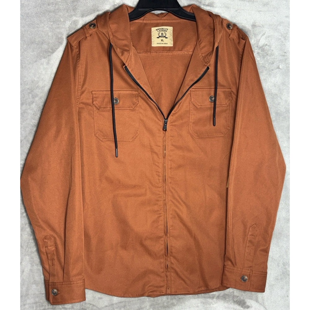 Brooklyn Laundry Mens XL Ginger Brown Hooded Zip Up Utility Shirt Jacket Stretch